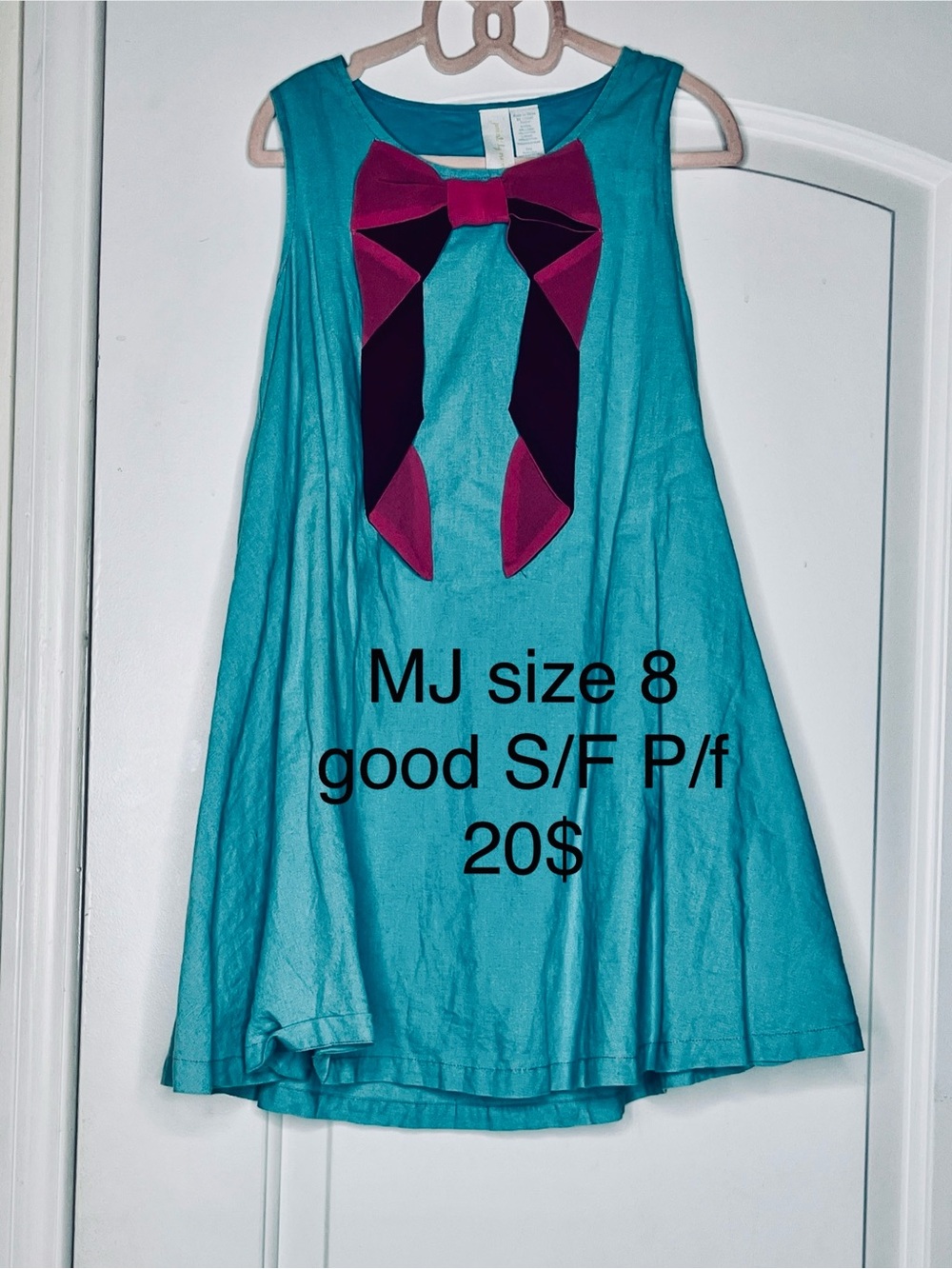 Matilda Jane Turquoise Dress with Fuchsia and Black Bow Size 8